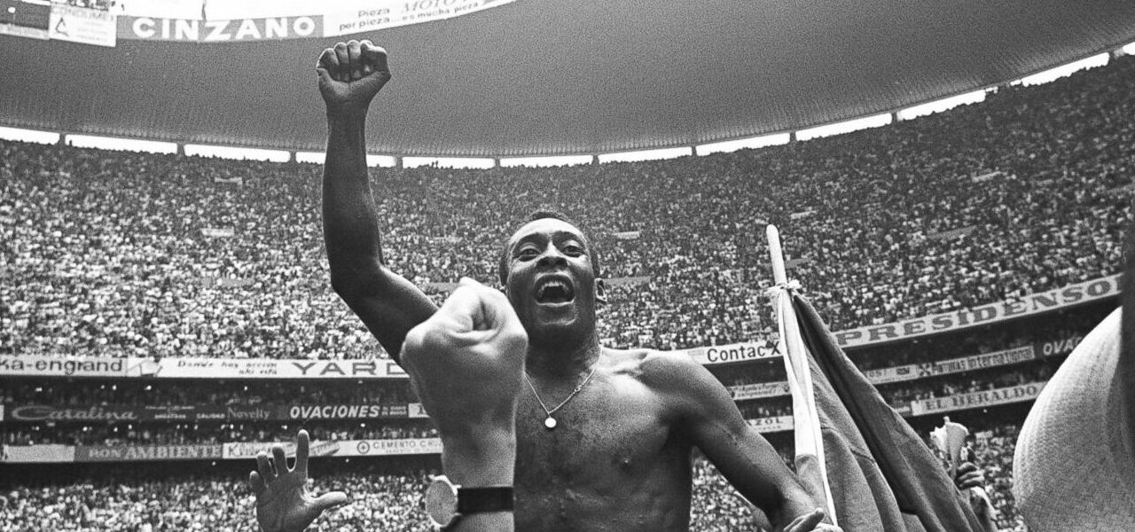 Pelé celebrates his third World Cup at the Azteca Stadium in Mexico City