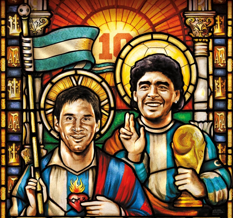 Illustration of Messi and Maradona as Catholic saints
